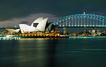 Sydney Opera House and Harbour Bridge at night, Australia.