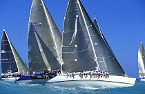 Crews sat on upside gunwale at the start of racing at Key West Race week, Florida, USA