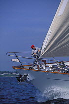 Bowman pulling the luff cord on a big 120ft sloop sailing upwind off Newport Rhode Island, USA