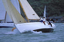 Crew of "Cerida" sitting on the windward rail rounding the windward mark during the America's Cup Jubilee held in Cowes, Isle of Wight, England 2001.