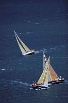 Boats competing in the Swan regatta off Newport cross tacks on the upwind leg, Rhode Island, USA, 1997.