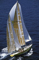 Full sail on ^The Card^, an 80ft Bruce Farr ketch, skippered by Roger Nilson in the Whitbread Round the World Race, 1989-90.