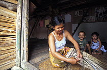 Iban woman making traditional handicraft in Nanga Sumpa Iban long house, Delok river, Sarawak, Borneo. 2002