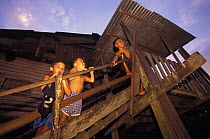 Children on the stairs to the Nanga Sumpa Iban longhouse, Delok river, Sarawak, Borneo. 2002