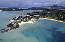 Aerial view of the east coast of Mauritius and the Touessrok fivestar resort.