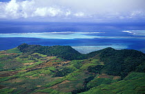 Aerial view of coast and reefs off Mauritius east coast above Domaine du Chasseur nature reserve.