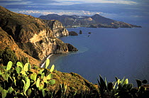 Lipari coastline, Aeolian islands north of Sicily, Italy. In the background is Vulcano (also part of the aeolian islands).