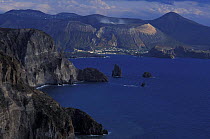 Coastline of Lipari, Aeolian islands, Italy. In the back ground Vulcano (also part of the aeolian islands).
