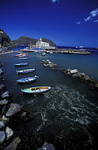 Marina Corta harbour, and church "chiesa del purgatorio", Lipari, Aeolian islands, Italy.