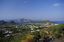 View from Aeolian Island of Vulcano, Italy. Lipari Island is in the background.