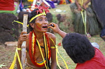 Old lady dressed in traditional costume having her make-up done for a feast, Yap, Micronesia