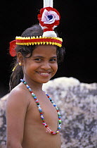 A young Yapese girl in traditional dress, Yap, Micronesia. ^^^The children are taught the movements and songs from a very early age.
