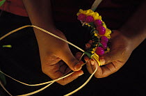 Making of a handmade real flower head-dress, Yap, Micronesia. ^^^It is the custom to greet guests arriving in the airport with a gift of a flower head-dress.