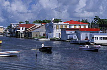 Houses and boats on one of the canals in the centre of Belize city, Caribbean