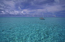 Fishing boat in the clear turquoise waters around the reef, Belize