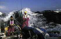 Crew in rough conditions on "The Card" during the Southern Ocean in the Whitbread Round the World Race, 1989-1990.