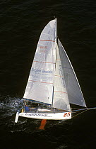 Alex Bennett trains in his boat "English Braids" for the Mini-Transat, 1999.