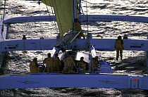 Tracy Edward's maxi-catamaran "Royal Sun Alliance" crewed by an all-female crew, setting off on their attempt to win the Jules Verne Trophy, 1998. ^^^ Unfortunately after 43 days at sea they were dism...