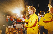 British yachtsman Lawrie Smith, skipper of "Intrum Justitia" celebrates winning the second leg of the Whitbread Round the World Race 1993-94. ^^^ The W60-class boat took 25 days, 14 hours, 39 minutes...