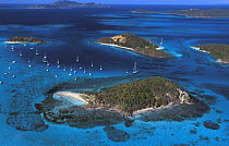 Yachts anchored off the horseshoe reef in Tobago Cays, Grenadines, Caribbean.
