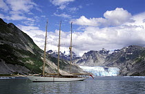 65 metre schooner "Adix" anchored off a glacier in Tracy Arm Fjord, Alaska.