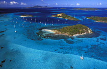 Yachts anchored inside the horseshoe reef in Tobago Cays, Grenadines, Caribbean.