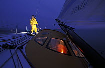 Ellen MacArthur at the helm of her Open 60 "Kingfisher" before the Vendee Globe, 2000.