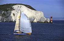 Ellen MacArthur's Open 60 "Kingfisher" sailing off the Needles, Isle of Wight.
