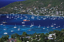 Yachts anchored in Admiralty Bay in Bequia, Grenadines, Caribbean.