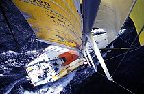 Aerial shot from the masthead into the cockpit on "Team EF" in the Atlantic during the Whitbread Round the World Race, 1997. She had an all female crew.