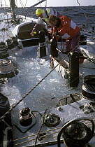 Cockpit full of water as "The Card" moves through the Southern Ocean on Leg 4 of the Whitbread Round the World Race, 1989-90.