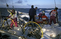 Crew aboard "The Card" during the Whitbread Round the World Race, 1989-1990.