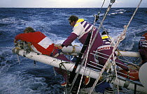 Crew aboard "The Card" in the Southern Ocean. Whitbread Round the World Race, 1989-90.