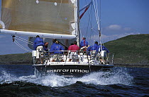 Spinnaker hoist after the windward mark rounding aboard the Swan 60 "Spirit of Jethou", Cork Week 2000.