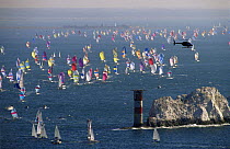 Fleet taking part in the annual Round the Island Race arrive at the Needles, Isle of Wight, UK, 1997.