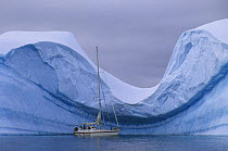 Skip Novak's yacht "Pelagic" is dwarfed by a weathered iceberg in Fournier Bay, Antarctic Peninsula.
