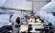 Magnus Olssen celebrates a new top speed in the Southern Ocean aboard Simon le Bon's maxi yacht "Drum" during the Whitbread Round the World Race, 1985.