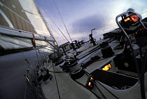 Cabin and instruments in the dark on Simon le Bon's yacht "Drum" during the Whitbread Round the World Race, 1985.