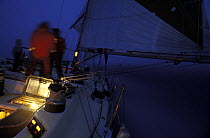 Cabin and instrument lights in the dark on Simon le Bon's yacht "Drum" during the Whitbread Round the World Race, 1985.