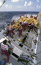Sail change aboard "The Card" during the Whitbread Round the World Race, 1989-90.