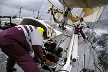 Sail change aboard "The Card" during the Whitbread Round the World Race, 1989-90.
