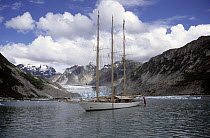 65 metre schooner "Adix" anchored off a glacier in Tracy Arm, Alaska.