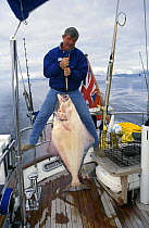 Phil Wade, skipper of the 118ft S&S designed superyacht, "Timoneer", catches a large halibut (Pleuronectidae) off Southeast Alaska.