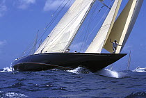 Bowman uses hand signals to communicate with the crew aboard J-Class ^Velsheda^, Antigua Classics, 2001.