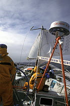 Jury rig aboard the all-female boat "EF Education" after the mast snapped just above the first set of spreaders during Leg 5 from New Zealand to São Sebastião, 1997.