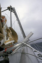 Broken rig aboard the all-female boat "EF Education" after the mast snapped just above the first set of spreaders during Leg 5 from New Zealand to São Sebastião, 1997.   They made a jury rig and h...
