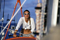 Kate Pettibone on the grinder of "Team EF" during the Whitbread Round the World Race, 1997.
