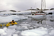 Skip Novak tests Musto's survival suit in the frozen water of the Antarctic Peninsula.