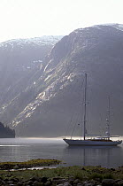 118ft S&S designed superyacht, "Timoneer" anchored in an misty calm in Fords Terror, Tongass National Forest, Southeast Alaska.