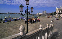 Seaside view from La Ponte della Paglia (The Straw Bridge) in front of the Doges Palace towards Piazzetta San Marco and the library Marciana, Venice, Italy.